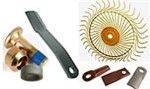A bunch of different types of lawn mower parts on a white background.