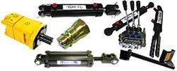 There are many different types of hydraulic cylinders on a white background.