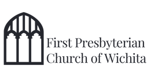 Logo for First Presbyterian Church of Wichita with black church window icon and text on white background