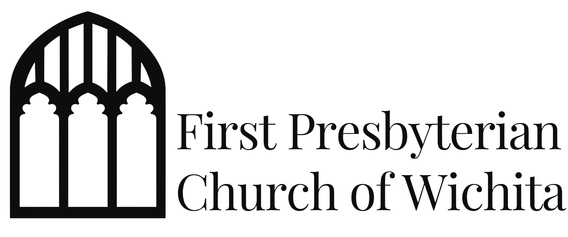 Logo for First Presbyterian Church of Wichita with black church window icon and text on white background