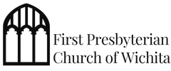 Logo for First Presbyterian Church of Wichita with black church window icon and text on white background