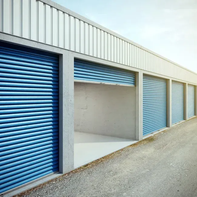 Outdoor storage facility with blue roll-up doors and drive-up access.