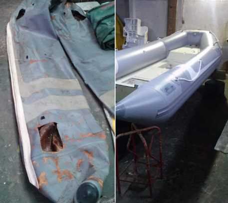 Una foto de un barco antes y después de ser reparado.