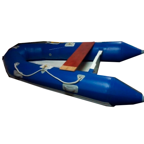Un bote inflable azul con un asiento de madera.