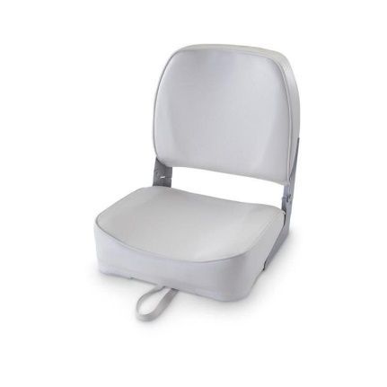 Un asiento plegable blanco con una correa sobre un fondo blanco.