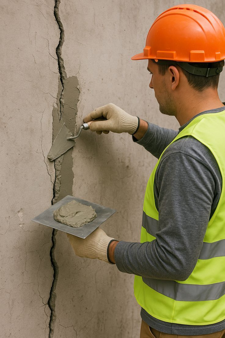A construction worker in a high-visibility vest and hard hat uses a trowel to apply mortar to a large crack in a wall.