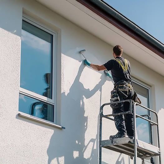 A worker in dark clothing uses a long-handled brush to apply white paint to the exterior wall of a building from a scaffold.