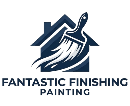 A logo for Fantastic Finishing Painting showing a paintbrush sweeping across a dark blue house silhouette.