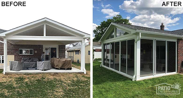 Before and after comparison showing an open patio transformed into an enclosed, white-framed sunroom on a log home.