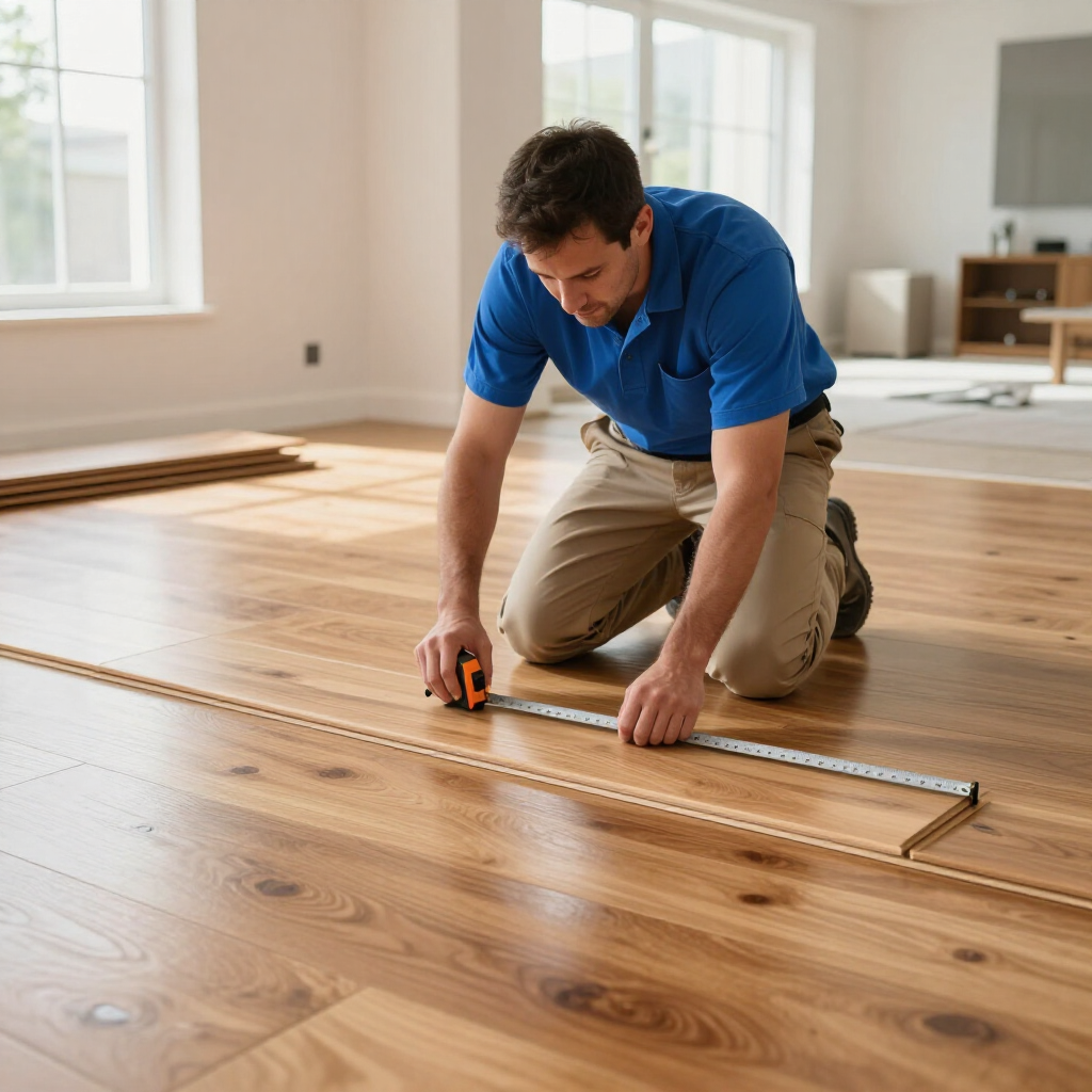 A person kneeling on a wooden floor, using a tape measure to check the dimensions of a plank during installation. A person kneeling on a wooden floor, using a tape measure to check the dimensions of a plank during installation.