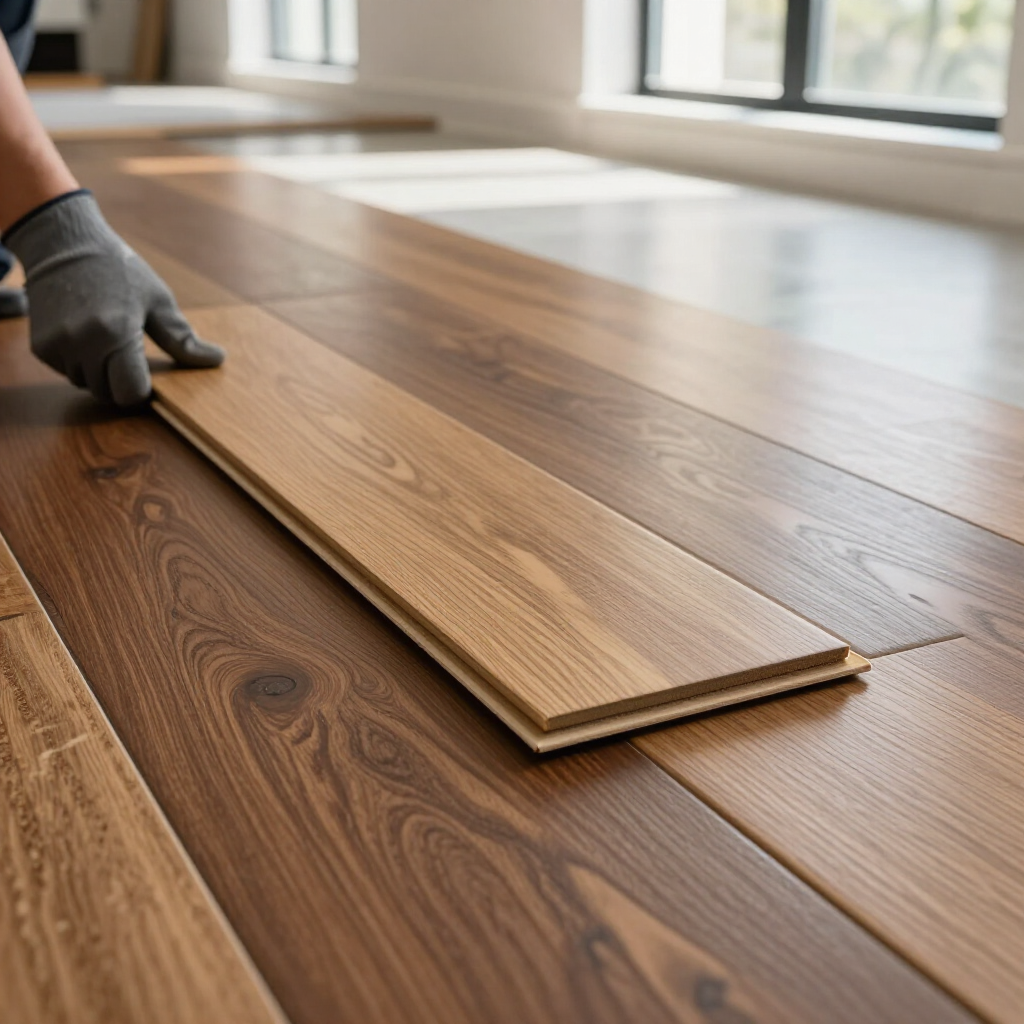 A person wearing a gray work glove installs a light brown wood-look laminate plank into a floor. A person wearing a gray work glove installs a light brown wood-look laminate plank into a floor.