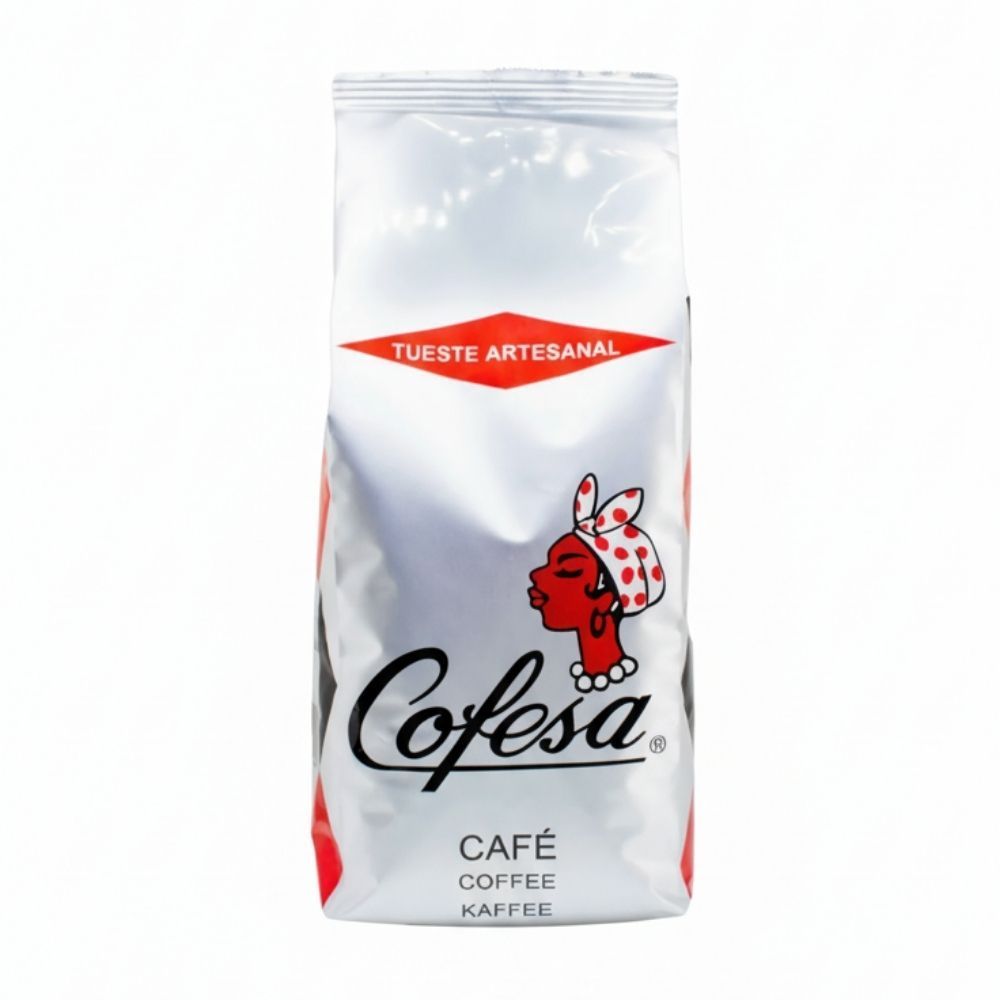 Bag of Cofesa coffee with a logo featuring a woman in a headscarf.