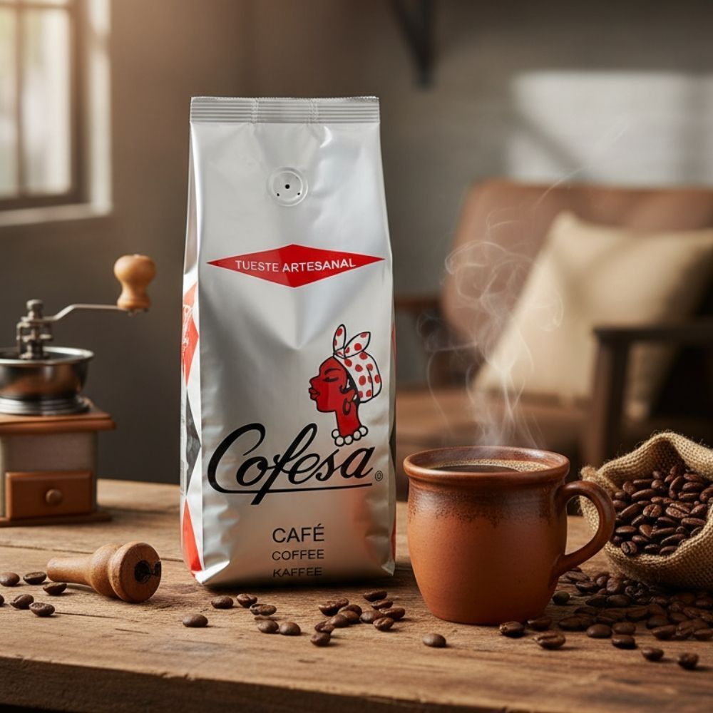 Bag of Cofesa coffee with a logo featuring a woman in a headscarf.