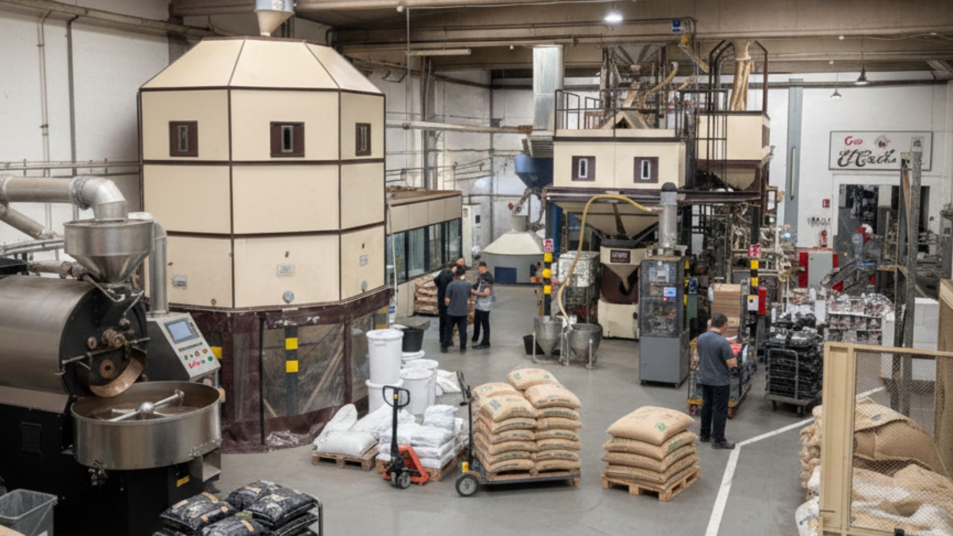 Coffee roasting facility with large machinery, bags of beans, and workers.