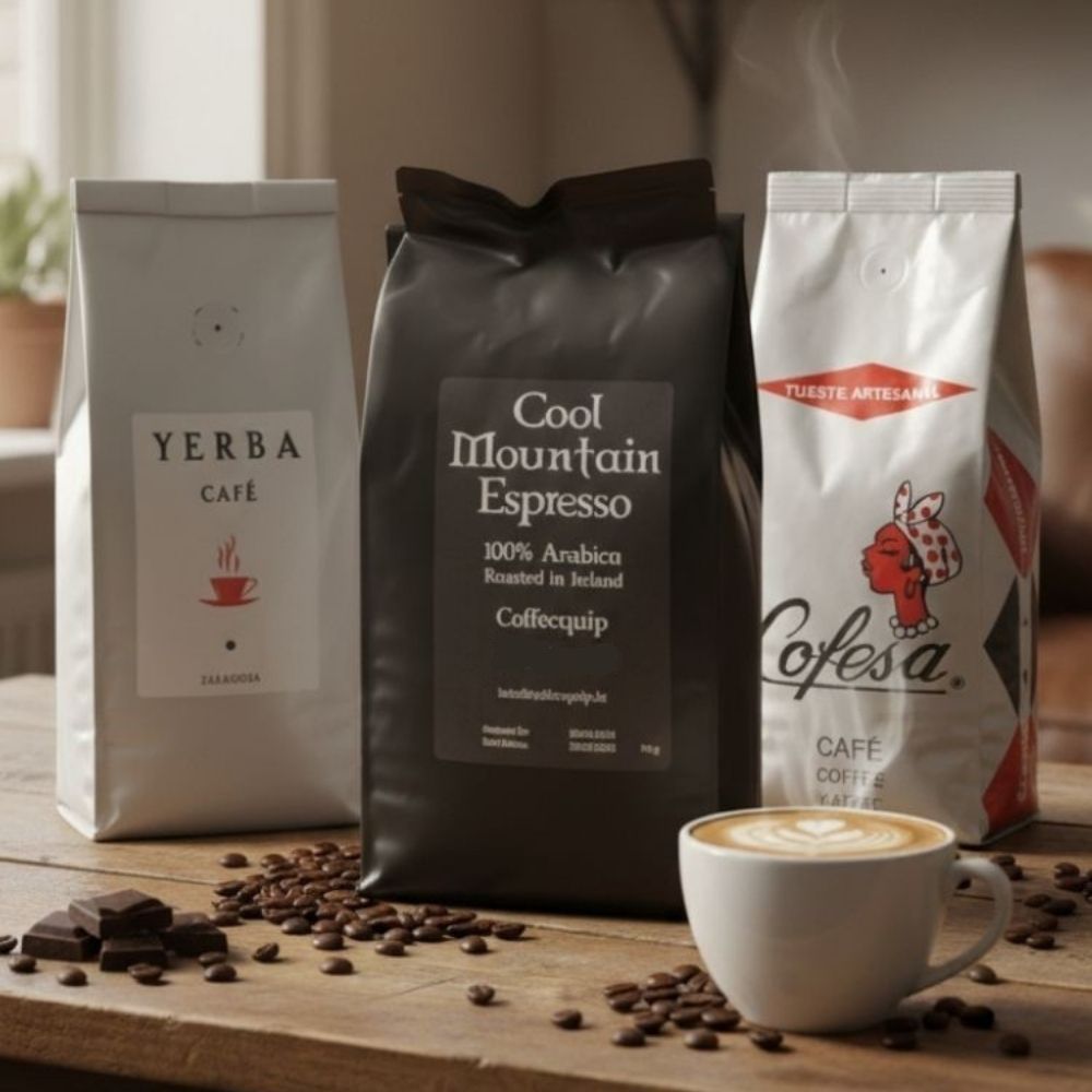 Three coffee bags, coffee beans, a latte, and chocolate on a wooden table.