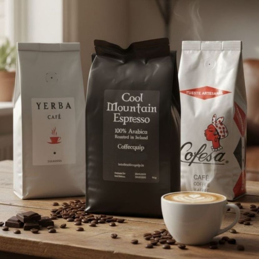 Three coffee bags, coffee beans, a latte, and chocolate on a wooden table.