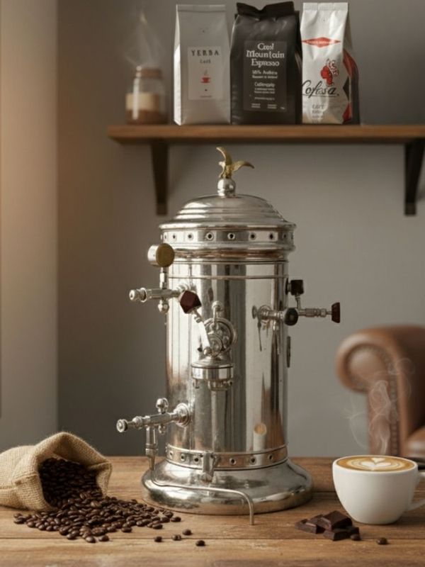 Shiny espresso machine on a wooden table, steam rising, with a cup of latte, beans, and coffee bags.