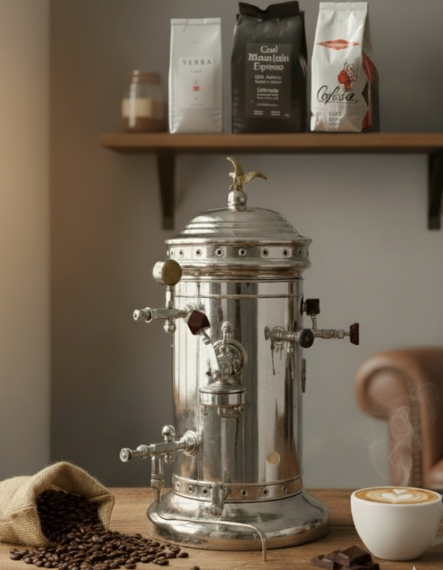 Shiny espresso machine on a wooden table, steam rising, with a cup of latte, beans, and coffee bags.