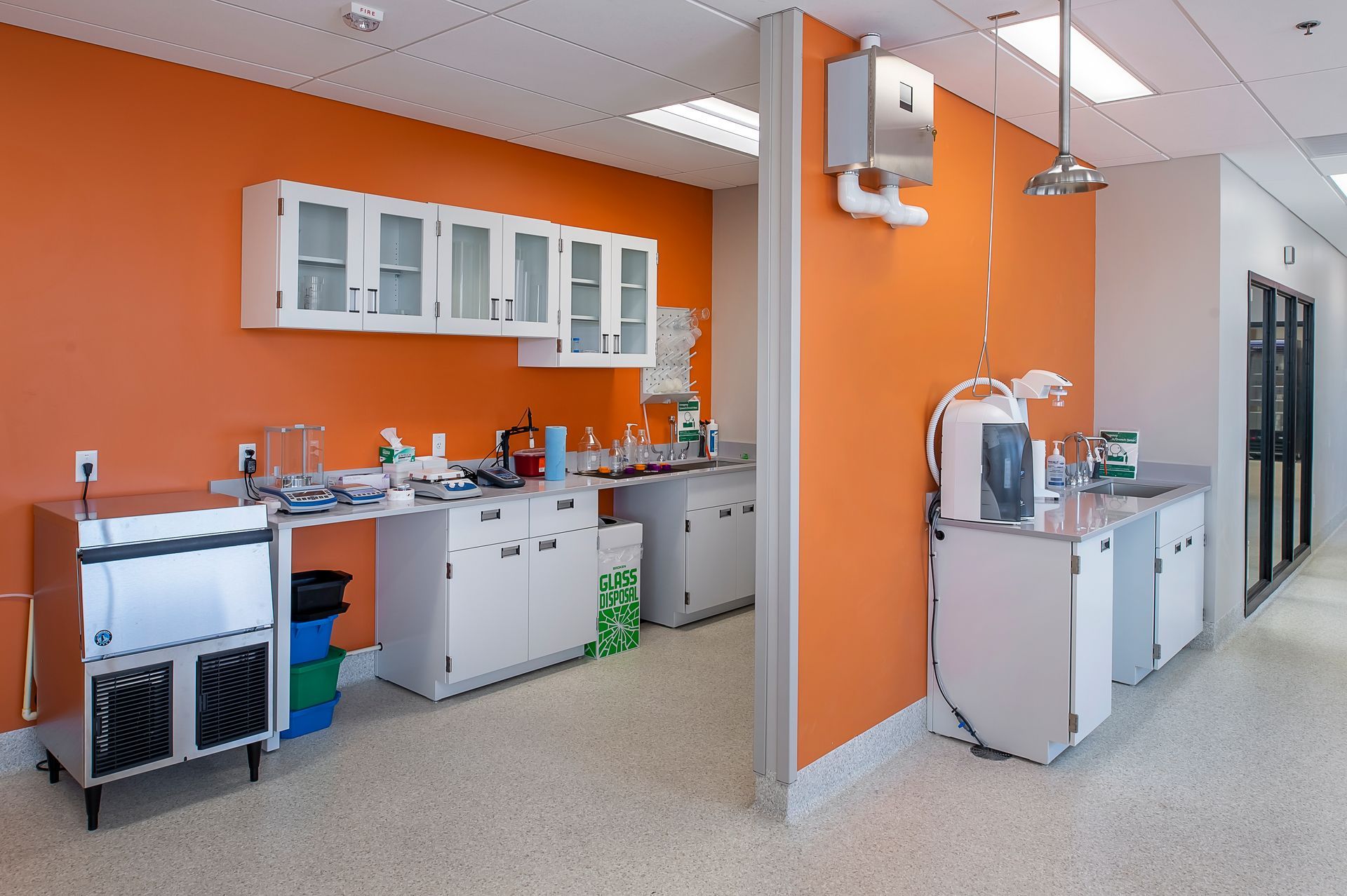 A lab with orange walls and white cabinets