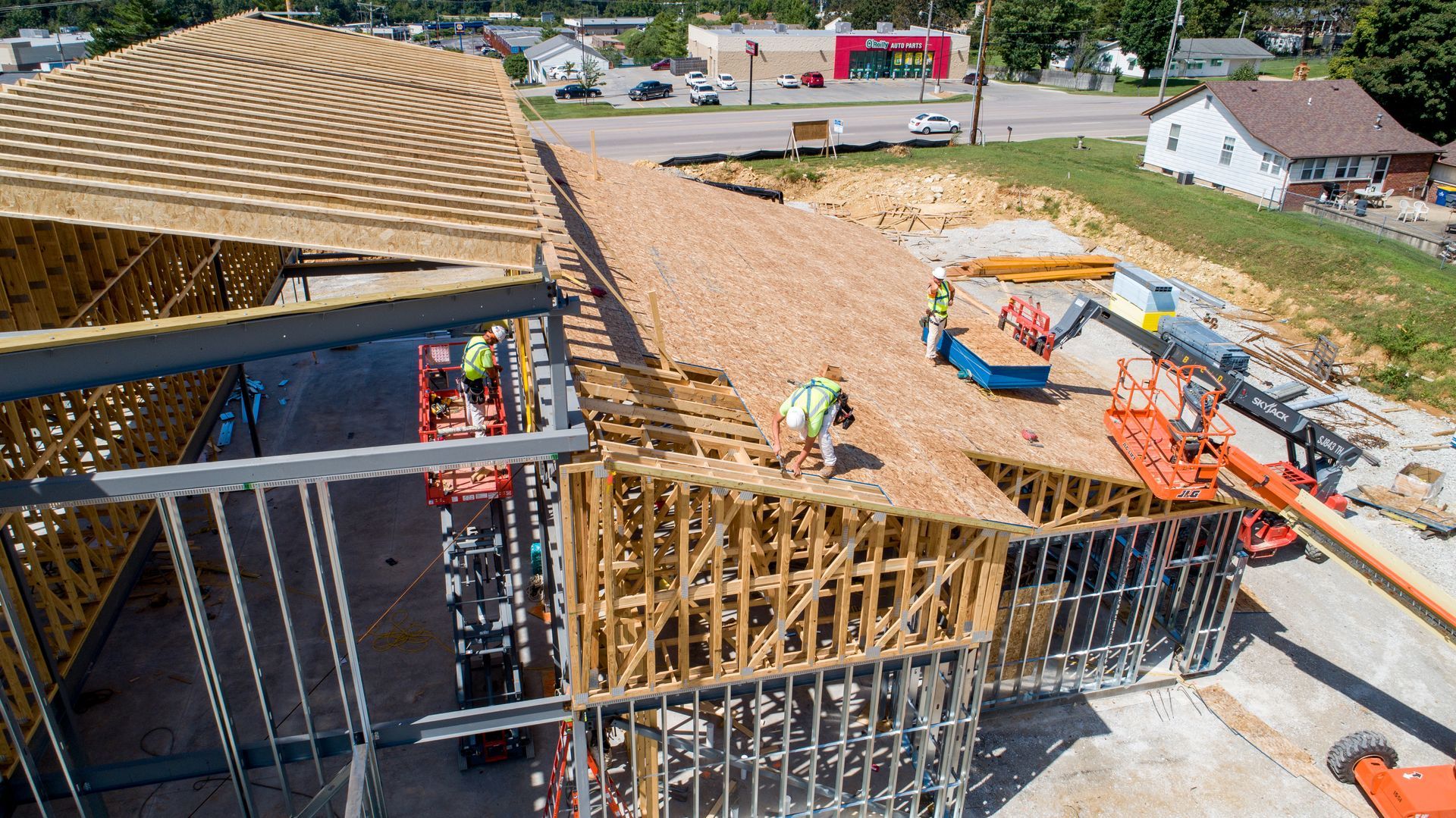 An aerial view of a building under construction.