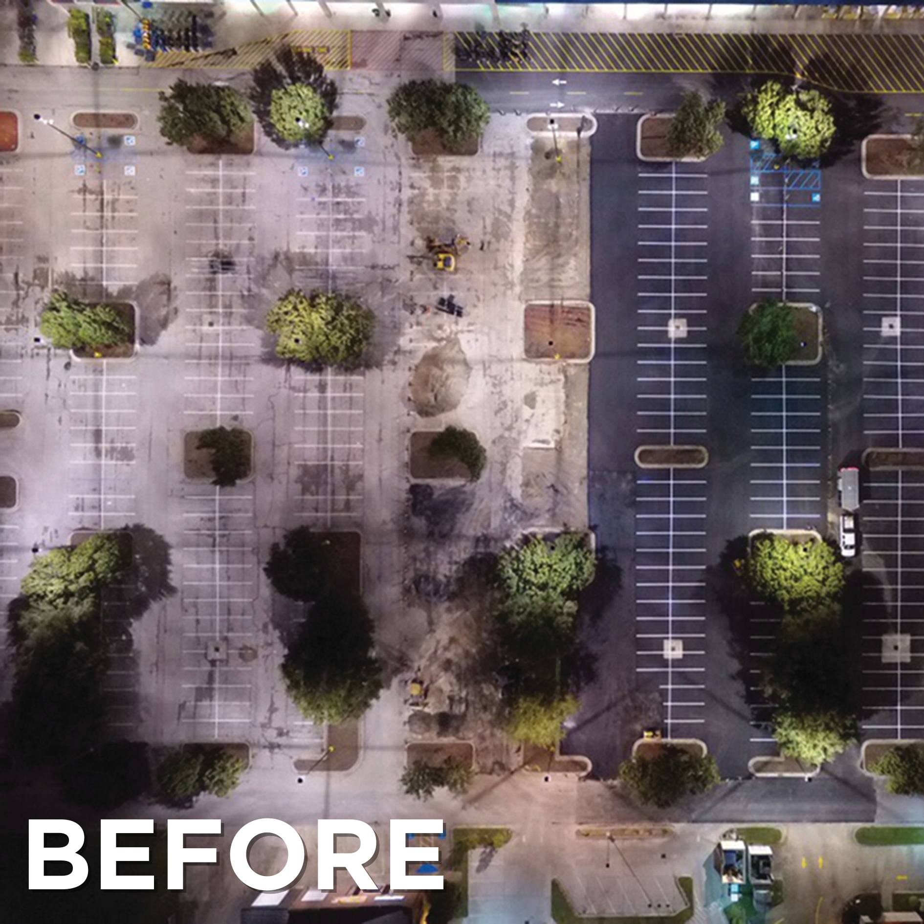 An aerial view of a parking lot with the words before below it