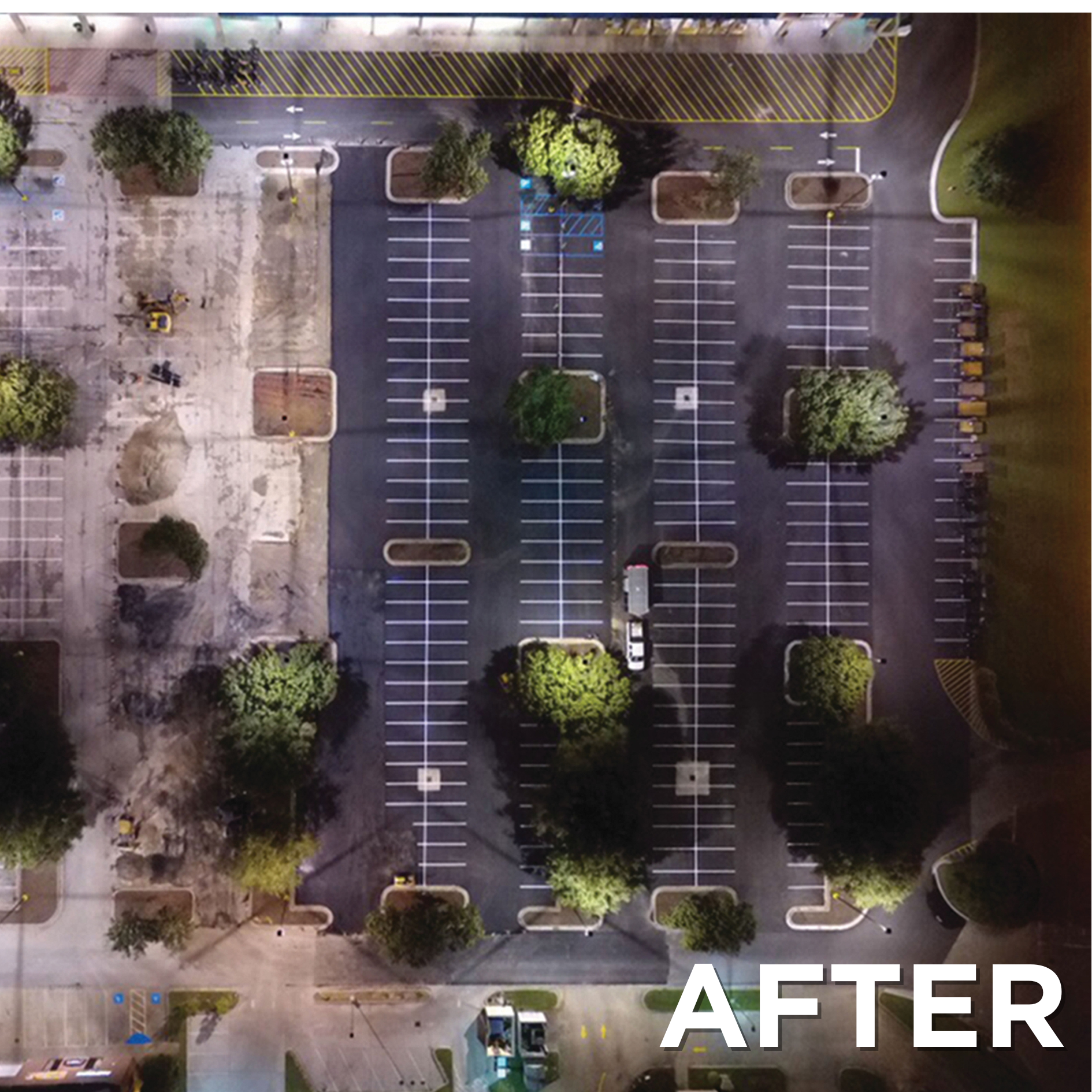 An aerial view of a parking lot with the words after below it