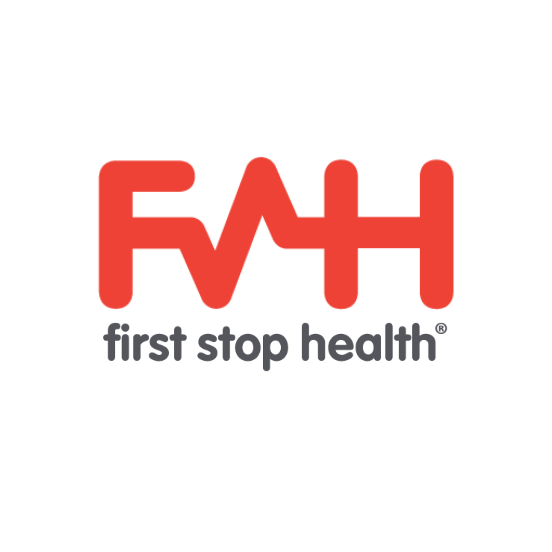 The logo for first stop health is red and white.