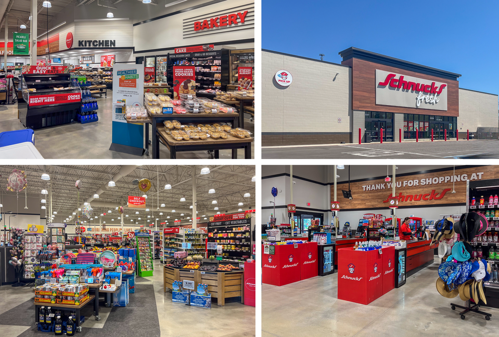 A collage of four pictures of a grocery store.