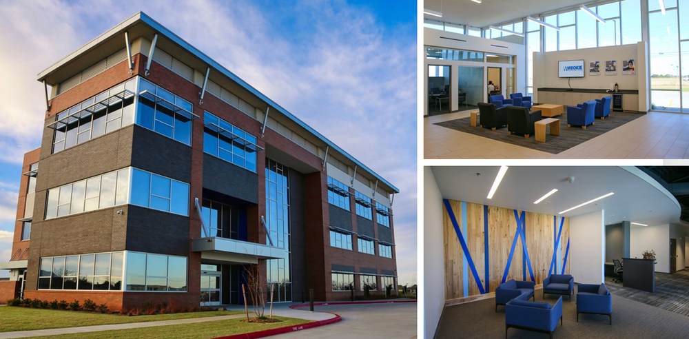 A collage of three pictures of a large building with a lot of windows.