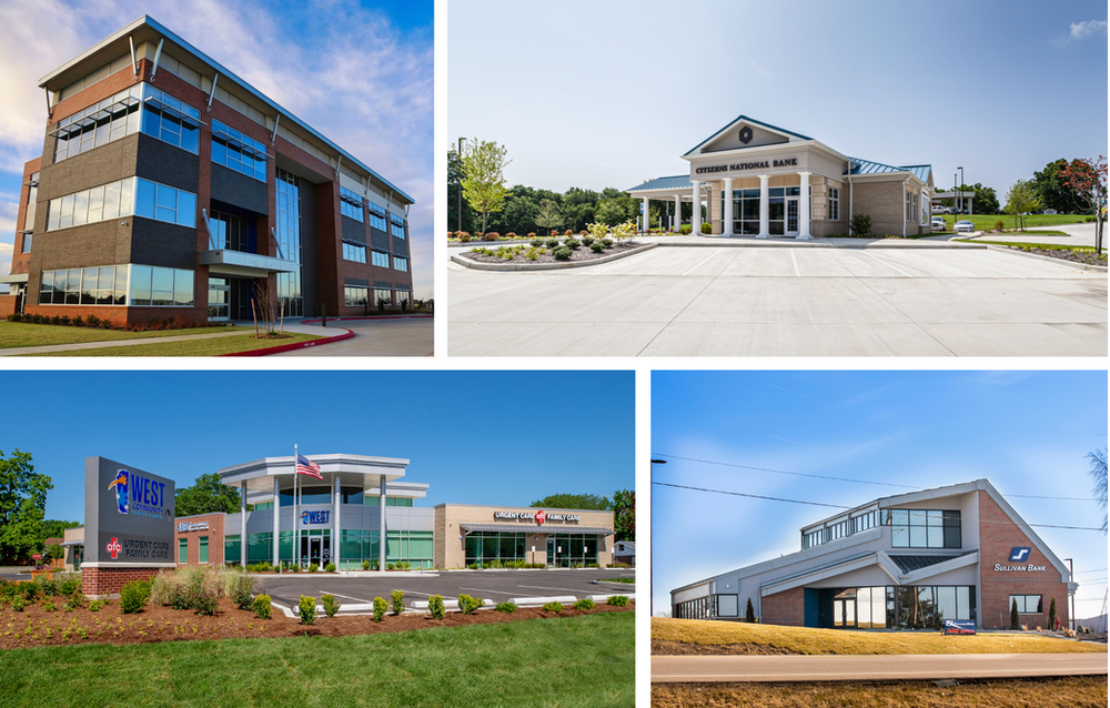 A collage of four pictures of different types of buildings.