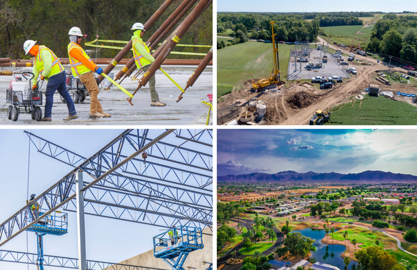 A collage of four pictures of construction workers and landscapes