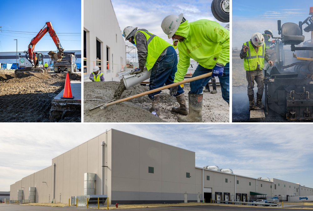 A collage of pictures of construction workers working on a building.