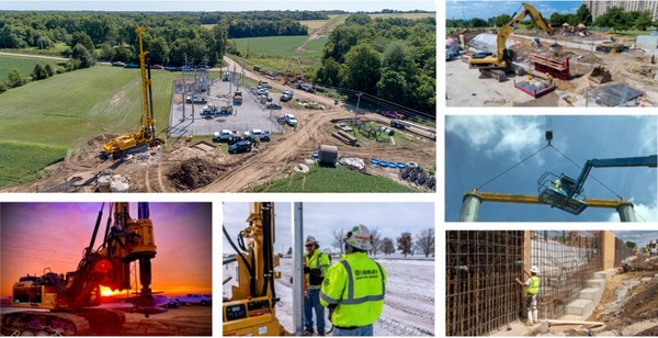 A collage of pictures of construction workers and machinery.