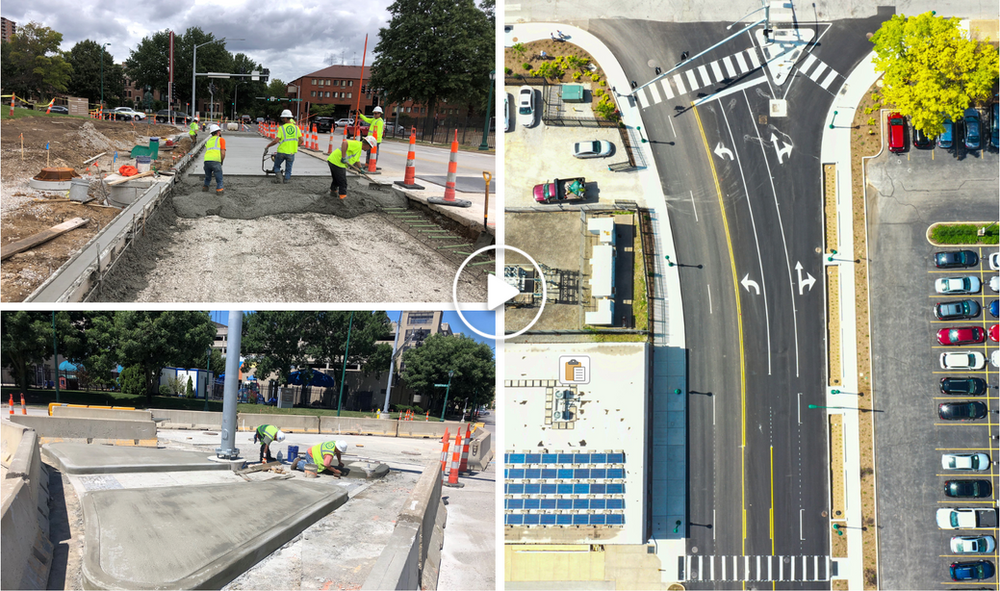 A collage of photos showing a construction site and a parking lot.