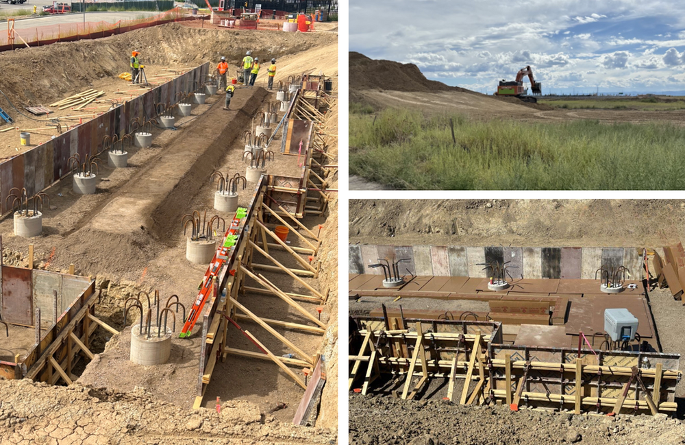 A collage of three pictures of a construction site with a bulldozer in the background.