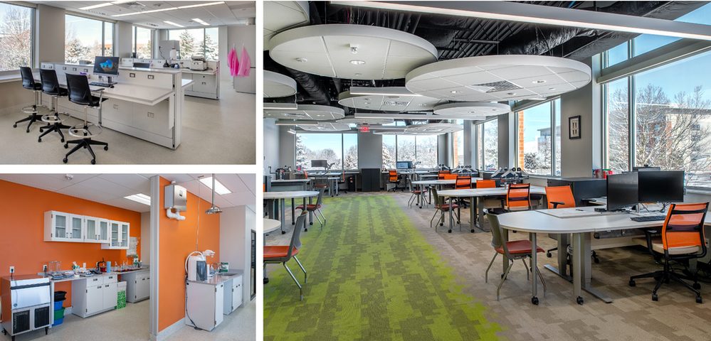 A collage of three pictures of an office with tables and chairs.