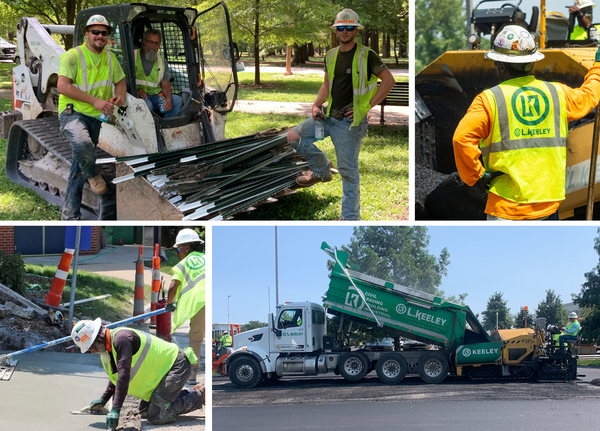 A collage of construction workers wearing safety vests and hard hats