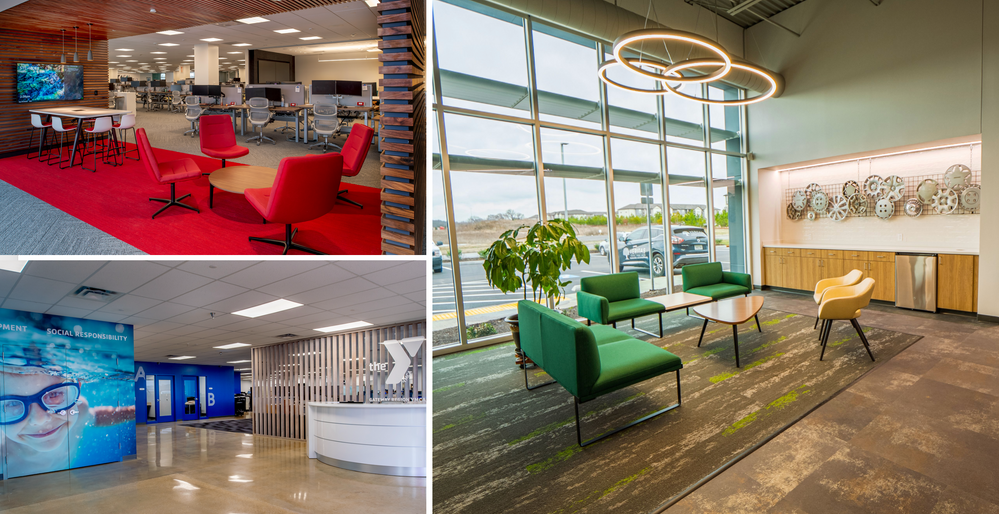 A collage of three pictures of different types of office spaces.