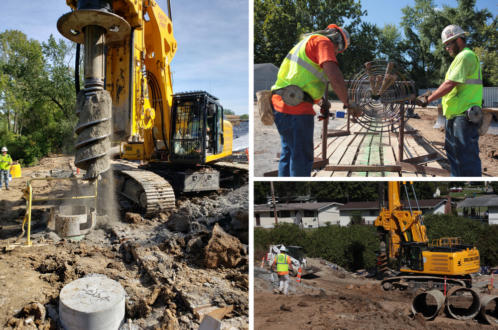 A collage of three pictures of construction workers on a construction site.