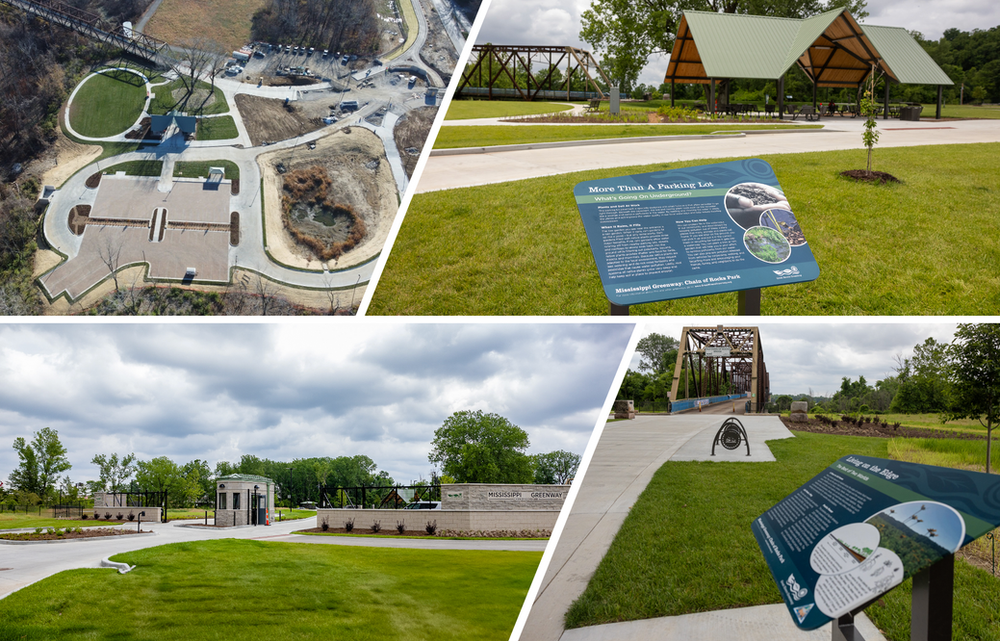 A collage of four pictures of a park with signs.