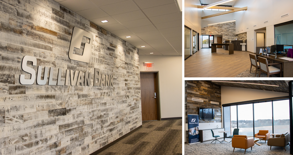 A collage of three pictures of a building with a brick wall.