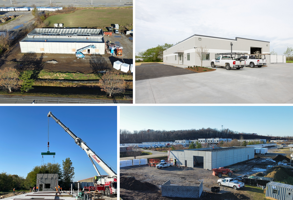 A collage of four pictures of a building and a crane