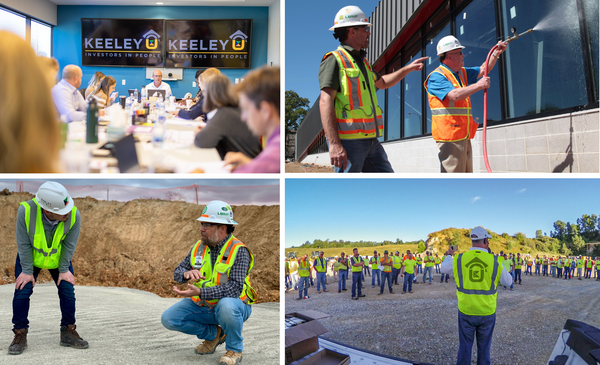 A collage of construction workers wearing hard hats and safety vests