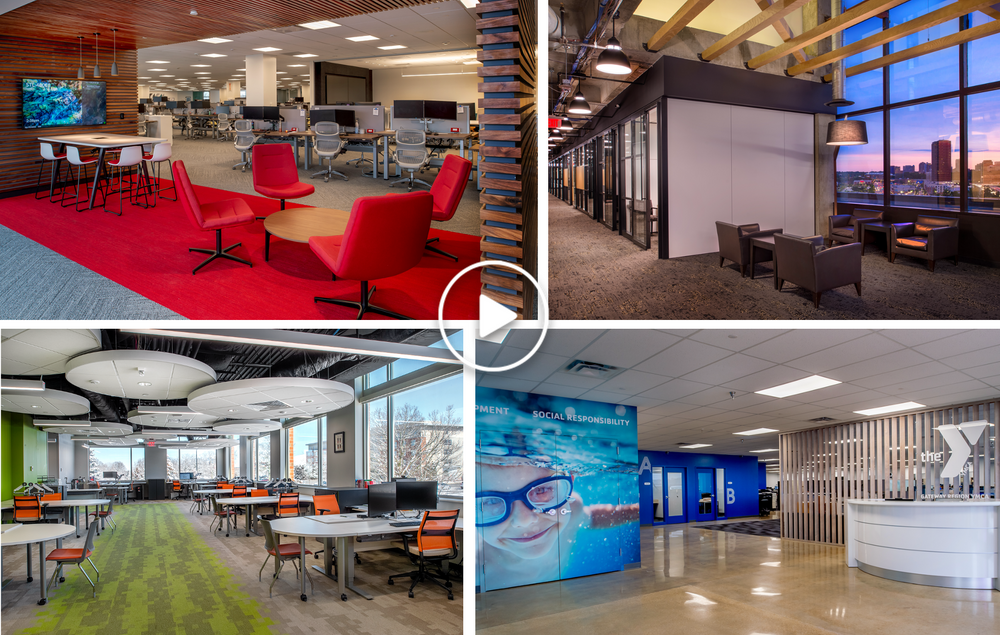 A collage of four pictures of different types of office spaces