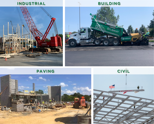 A collage of pictures showing different types of construction including industrial building and civil