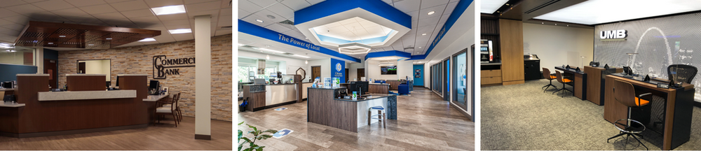 A collage of three pictures of a bank 's lobby.