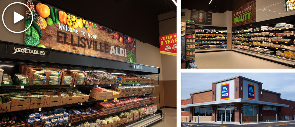 A collage of three pictures of a grocery store.