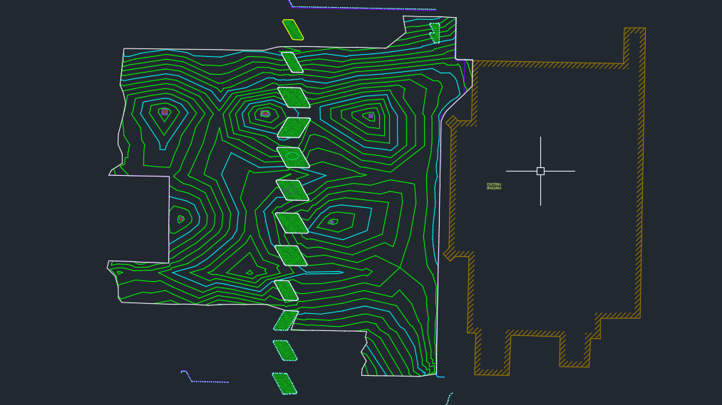 A black and green drawing of a building with a cross in the middle.