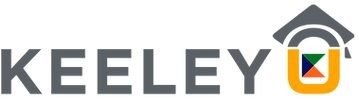 The keeley logo has a house in the middle of it.