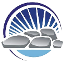 A blue and white logo with a wheel and rocks on a white background.